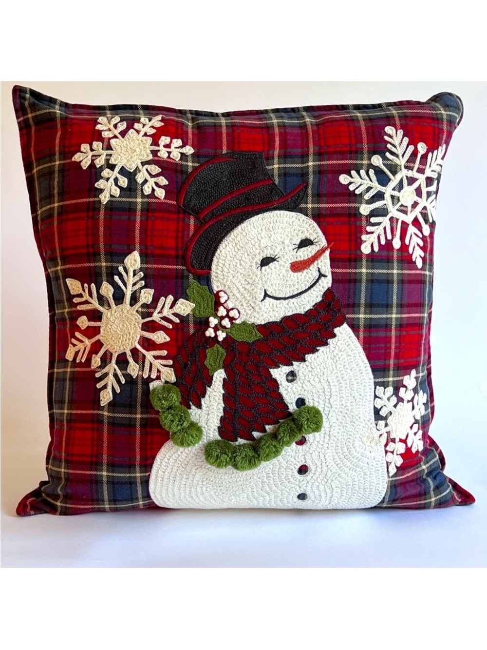 Pottery Barn | NWT Snowman Plaid Crewel Pillow Cover